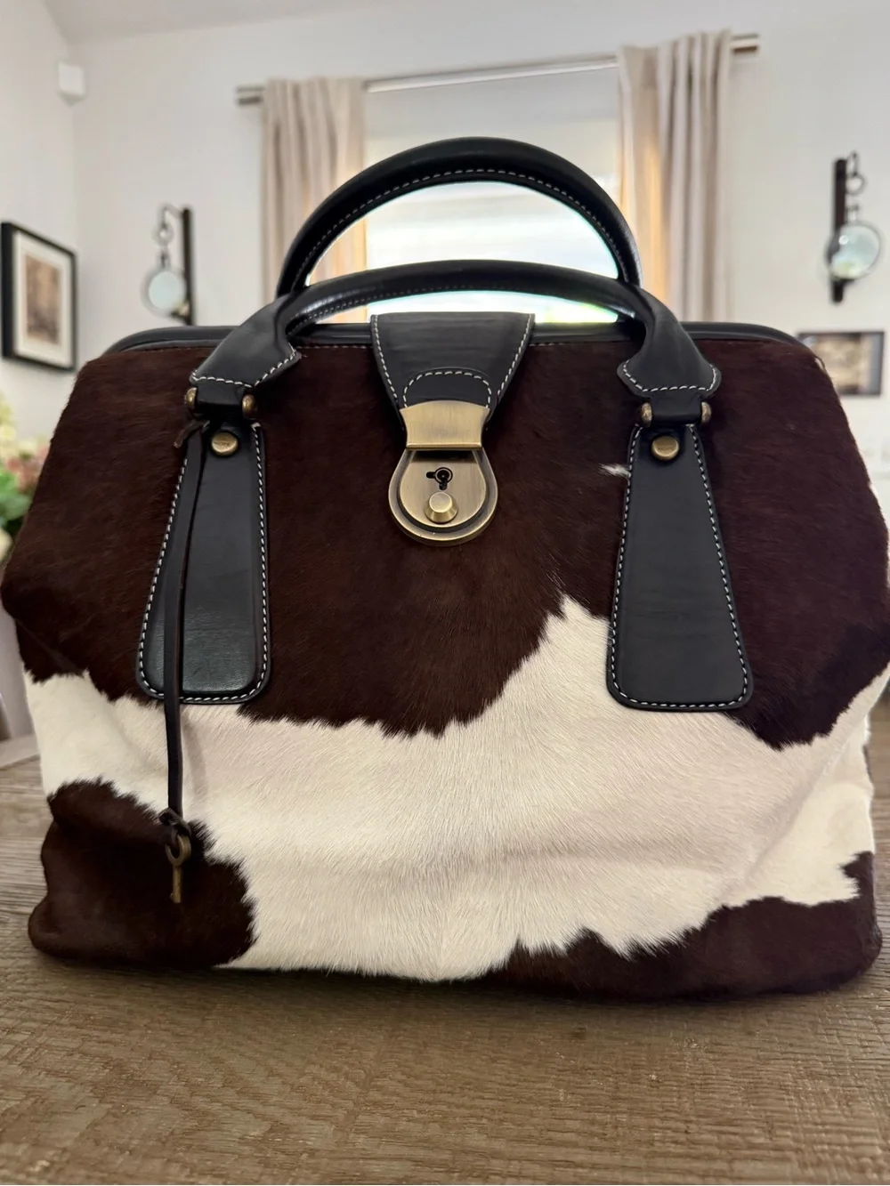 Vintage Emma Hope Cowhide Doctors Satchel Bag in Brown and White